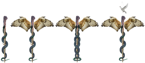 Above left: Aesculapius’s staff and snake, Middle and middle right: Single and double (duality of life) caduceiRight: the caduceus as an act of submission