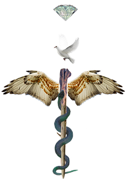 A rewritten caduceus with a dove and diamond above the normal trinity of elements